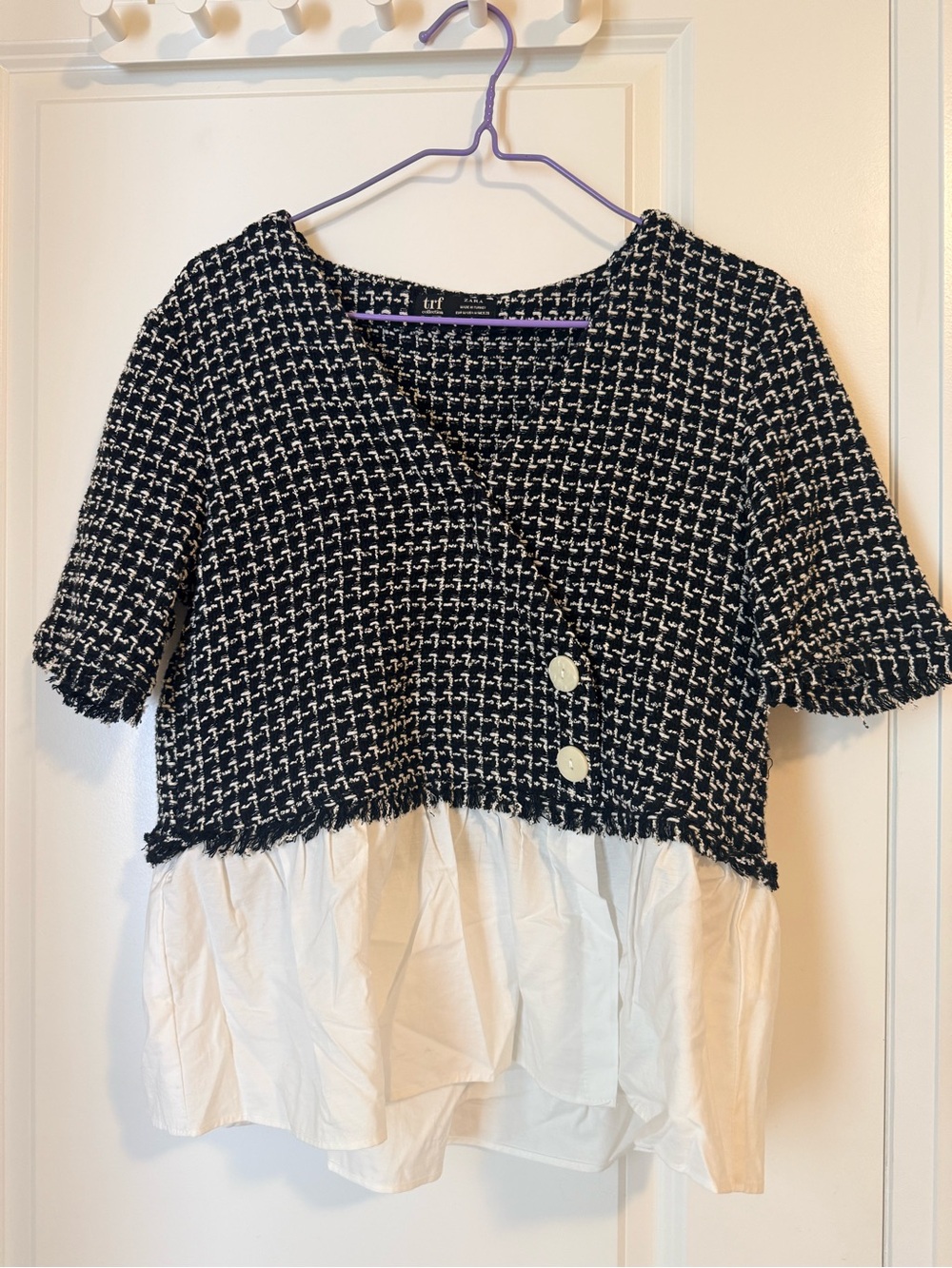 Zara Black and White Tweed Short Sleeve Peplum Top